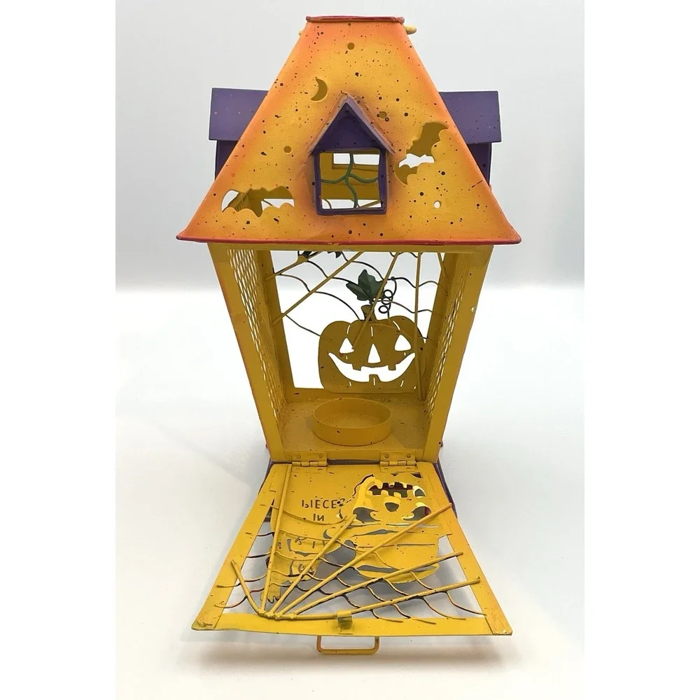 VTG‎ Halloween Lantern Tealight Candle Holder Spooky Hollow Metal Cage 2001
